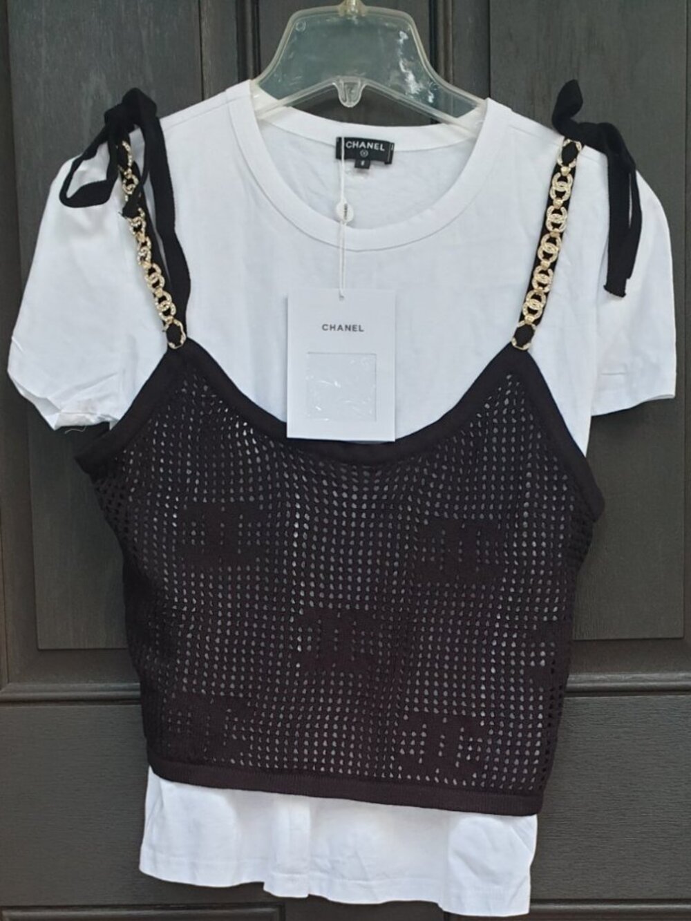 Chanel T Shirt White with Black Knitted Vest Luxury Fashion Women Wear Size S